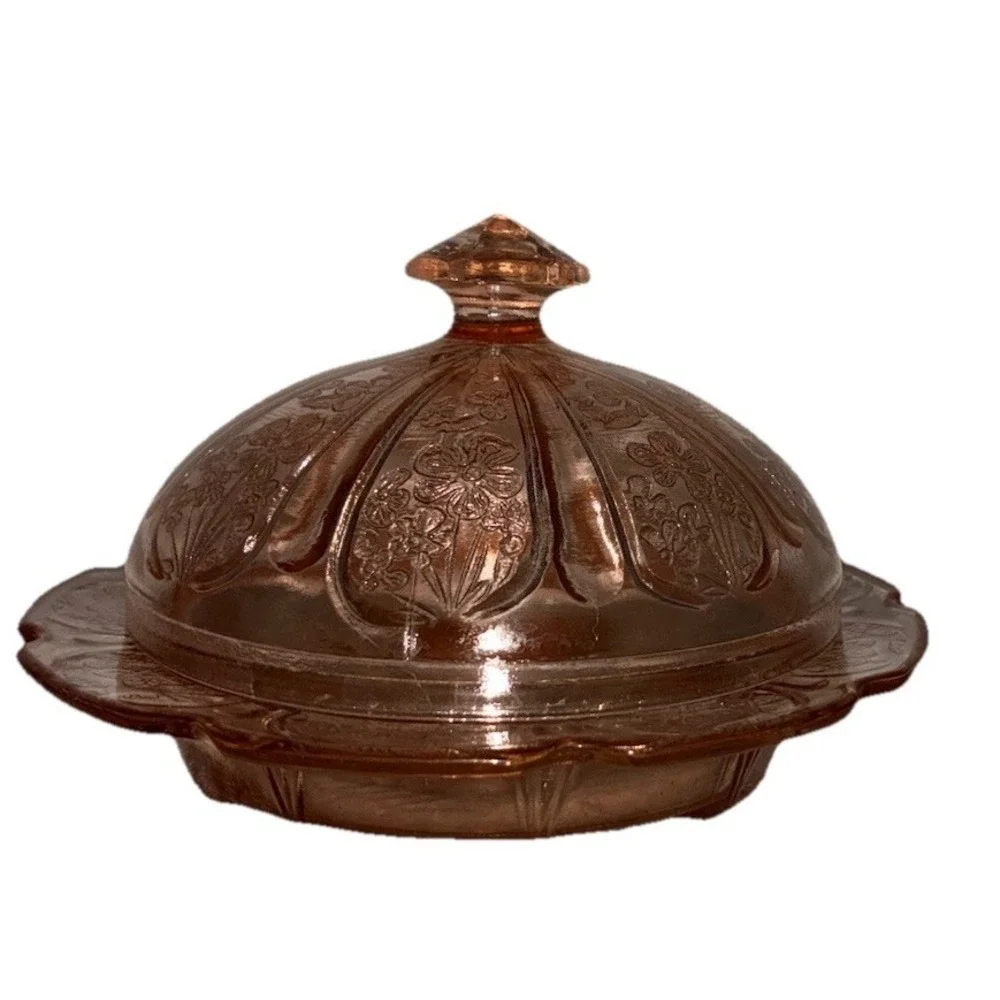 Jeannette Cherry Blossom Pink Depression Glass Covered Butter Dish 1930s Vintage